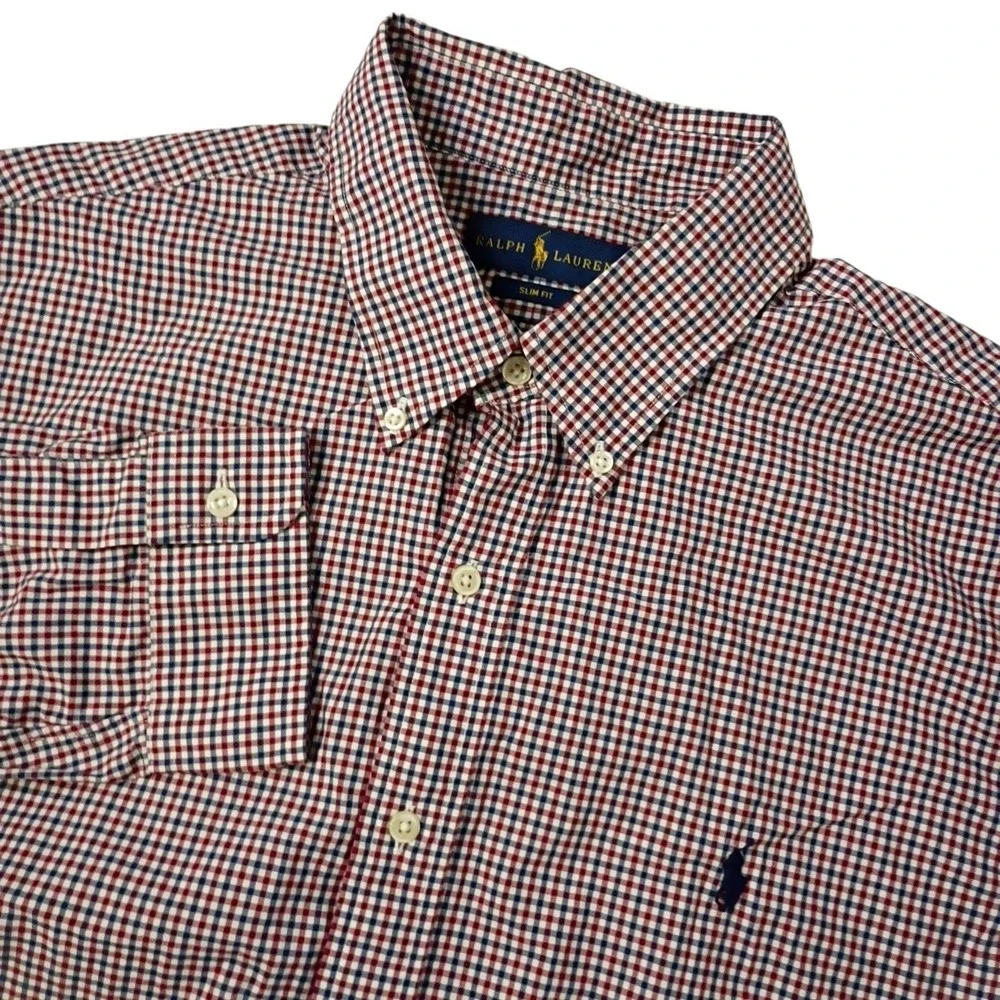 Polo Ralph Lauren Shirt Mens‎ XL Slim Fit Red White Blue Gingham Check Pony